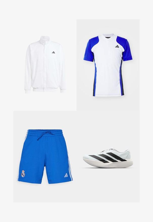 Chaqueta ligera blanca con cuello alzado, cierre frontal con cremallera, bolsillos laterales y un logo negro de Adidas en el lado izquierdo del pecho. Textura suave.; Camisa deportiva de manga corta en blanco con mangas azules, con acentos laterales en negro y un pequeño logo negro en el pecho. Acabado de tejido suave.; adidas Performance REAL MADRID DNAWAY SHORTS - Equipación de clubes - collegiate royal; Zapatillas de running ligeras en azul pálido con rayas negras. Presentan una parte superior suave, puntera redonda y una gruesa mediasuela blanca etiquetada como "LIGHTSTRIKE PRO".