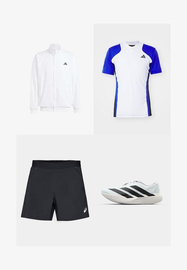Bela lahka jakna s stojčnim ovratnikom, sprednjim zadrgo, stranskimi žepi in črnimi Adidasovimi logotipi na levem prsnem delu. Mehak material.; Kratek rokav športna majica v beli barvi z modrimi rokavi, z črnimi stranskimi akcenti in majhnim črnim logotipom na prsih. Gladka tkanina.; Črne športne kratke hlače iz lahkega materiala, z gladko teksturo, elastičnim pasom in dvema stranskima žepoma. Logo na spodnjem desnem delu.; Lahki tekaški čevlji v svetlo modri barvi z belimi črtami. Imajo gladek zgornji del, okroglo kapico in debel bel srednji podplat z označbo "LIGHTSTRIKE PRO."