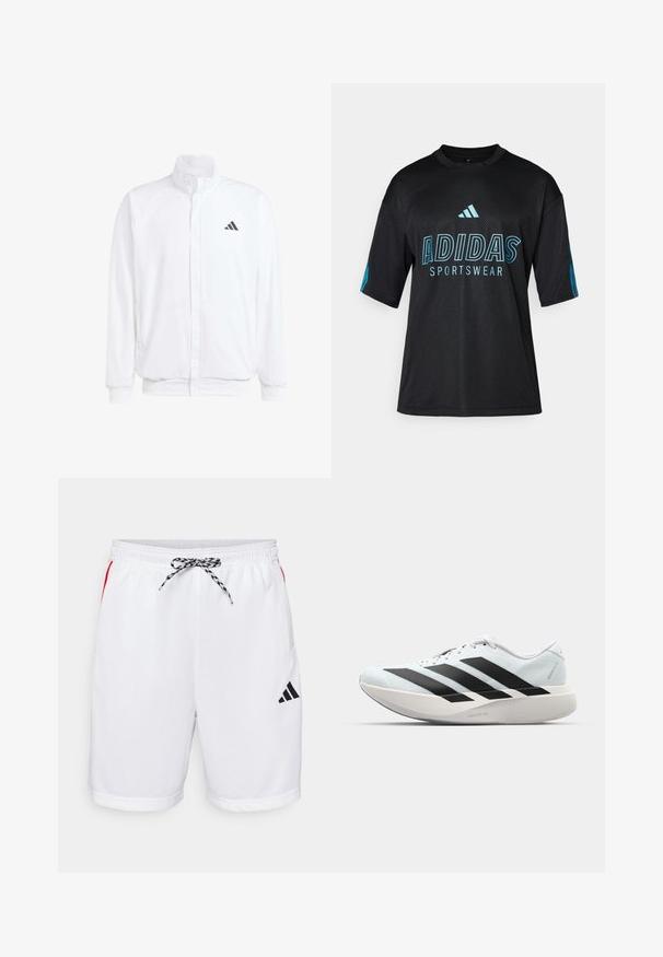 Balts viegls jaciņš ar stāvo apkakli, priekšējo rāvējslēdzēju, sānu kabatām un melnu Adidas logo kreisajā krūtī. Mīksta tekstūra.; Melna Adidas sporta krekls ar sietspiedes tekstūru, īsām piedurknēm, apaļu apkakli un zila krāsas logo un teksta apdruka uz priekšpuses un piedurknēm.; Balti acs šorti ar teksturētu dizainu, elastīgu jostu, melniem un sarkanajiem akcentiem, kā arī melnu logotipu kreisajā augšstilbā. Iekļauta melna aukla.; Gaiši zili vieglie skriešanas apavi ar melniem svītrainiem. Iezīmēti ar gludu augšpusi, apaļu purngalu un biezāko balto vidējo zoli, kurā ir uzraksts "LIGHTSTRIKE PRO."