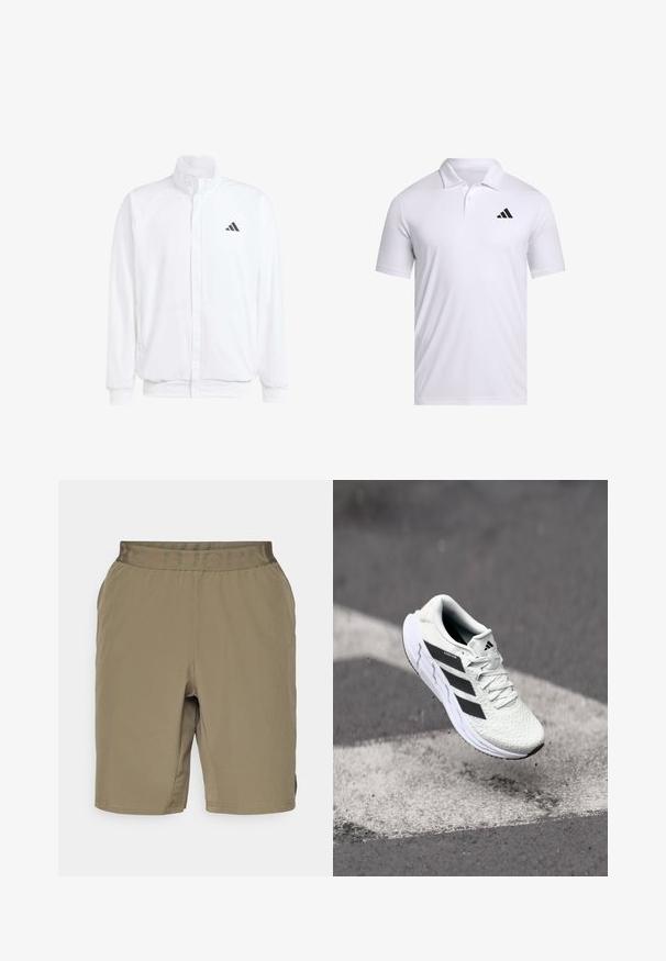Fehér, könnyű dzseki, álló gallérral, elülső cipzáros záródással, oldalsó zsebekkel és fekete Adidas logóval a bal mellen. Puha tapintású.; Fehér póló, lélegző anyagból készült, galléros, rövid ujjal, fekete Adidas logóval a bal mellen.; Khaki színű, puha tapintású rövidnadrág, rugalmas derékrésszel, amelyen a "BJORN" felirat tonális színben szerepel, és oldalsó szellőző nyílásokkal rendelkezik.; Fehér sportcipő texturált hálós felsőrésszel, fekete csíkokkal, fűzős záródással és párnázott talppal, egy megjelölt útfelület felett lebeg.