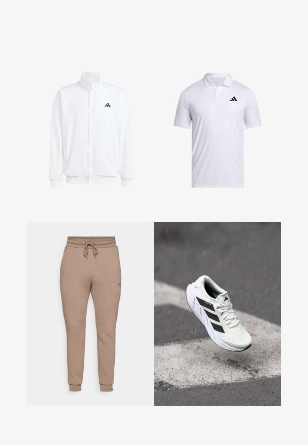 Bela lahka jakna s stojčnim ovratnikom, sprednjim zadrgo, stranskimi žepi in črnimi Adidasovimi logotipi na levem prsnem delu. Mehak material.; Bela polo majica iz dihalnega materiala s ovratnikom, s kratkimi rokavi in črnim logotipom Adidas na levem prsnem delu.; Svetlo bež trenirke iz mehkega blaga, z vrvico na pasu, zoženimi nogami, stranskimi žepi in majhno logotipom na stegnu.; Bela atletska čevlja z teksturiranim mrežastim zgornjim delom, črnimi črtami, zavezovanjem na vezalke in oblazinjenim podplatom, lebdi nad označeno cesto.