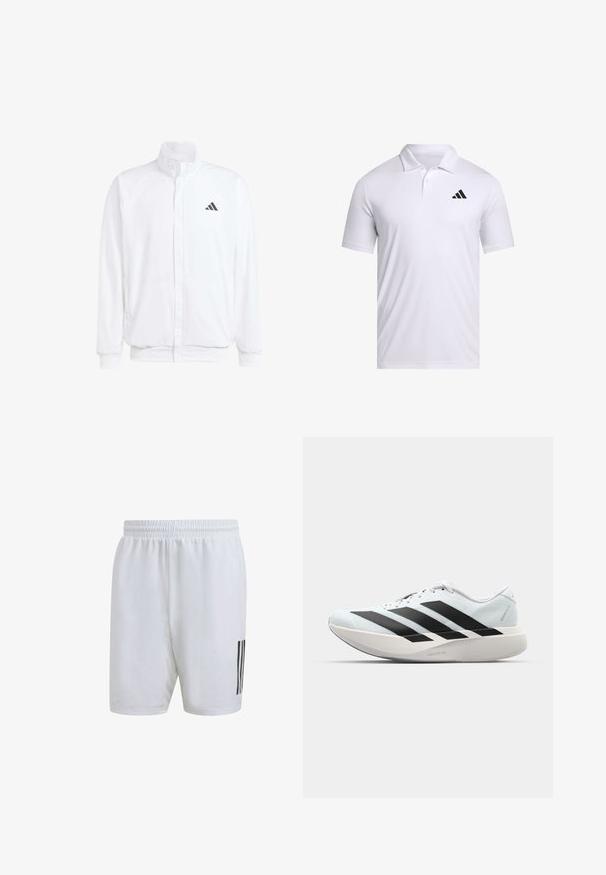 Vit lättviktsjacka med ståkrage, framdragkedja, sidofickor och en svart Adidas-logotyp på vänster bröst. Mjuk textur.; Vit polo matchning i andningsbart tyg med krage, har korta ärmar och en svart Adidas-logotyp på vänster bröst.; adidas Performance CLUB 3-STRIPES TENNIS - Träningsshorts - white; Lätta löparskor i ljusblått med svarta ränder. Har en slät ovandel, rund tå och tjock vit mellansula märkt "LIGHTSTRIKE PRO."