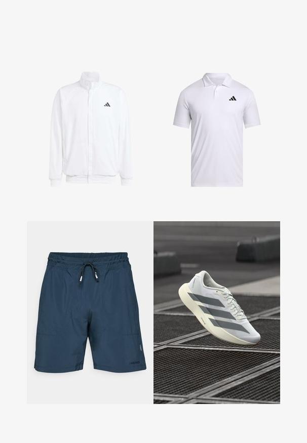 Chaqueta ligera blanca con cuello alzado, cierre frontal con cremallera, bolsillos laterales y un logo negro de Adidas en el lado izquierdo del pecho. Textura suave.; Polo blanco hecho de tela transpirable con cuello, con mangas cortas y un logo negro de Adidas en el lado izquierdo del pecho.; Bañadores azul marino hechos de tejido ligero con cintura elástica, cierre con cordón y bolsillos laterales. Logo de la marca visible.; Zapato deportivo blanco con una parte superior de malla texturizada, con rayas grises y una suela acolchonada. Diseño ligero adecuado para correr.