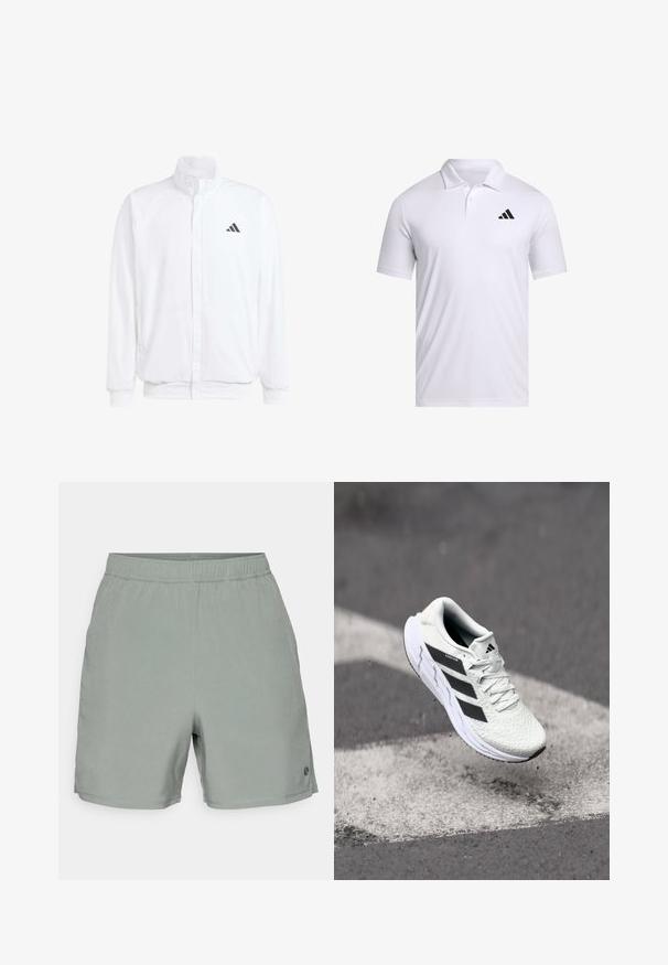 Fehér, könnyű dzseki, álló gallérral, elülső cipzáros záródással, oldalsó zsebekkel és fekete Adidas logóval a bal mellen. Puha tapintású.; Fehér póló, lélegző anyagból készült, galléros, rövid ujjal, fekete Adidas logóval a bal mellen.; Zöld rövidnadrág, elasztikus derékkal, könnyű anyagból készült. Az alsó jobb oldalon egy kis logó található.; Fehér sportcipő texturált hálós felsőrésszel, fekete csíkokkal, fűzős záródással és párnázott talppal, egy megjelölt útfelület felett lebeg.