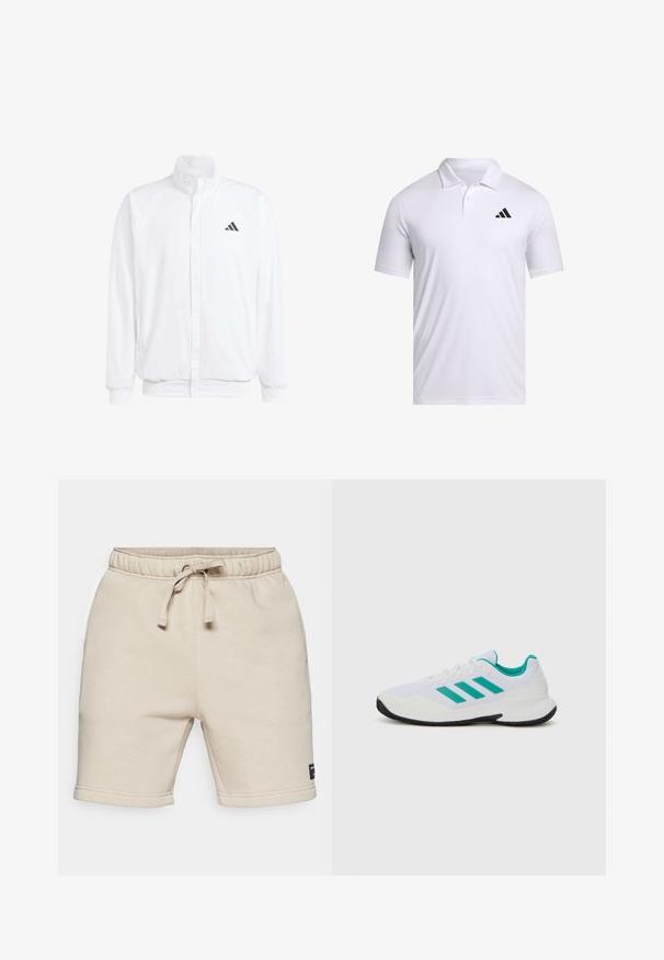 Balts viegls jaciņš ar stāvo apkakli, priekšējo rāvējslēdzēju, sānu kabatām un melnu Adidas logo kreisajā krūtī. Mīksta tekstūra.; Balts polo krekls, kas izgatavots no elpojoša materiāla, ar apkakli, īsām piedurknēm un melnu Adidas logo kreisajā krūtī.; Björn Borg CENTRE SWEATSHORTS - Sporta šorti - beige; Balts sporta apavi ar tirkīza akcentiem, sieta augšdaļa, trīs paralēlas svītras sānos, strukturēta papēža daļa un melna gumijas stikla.