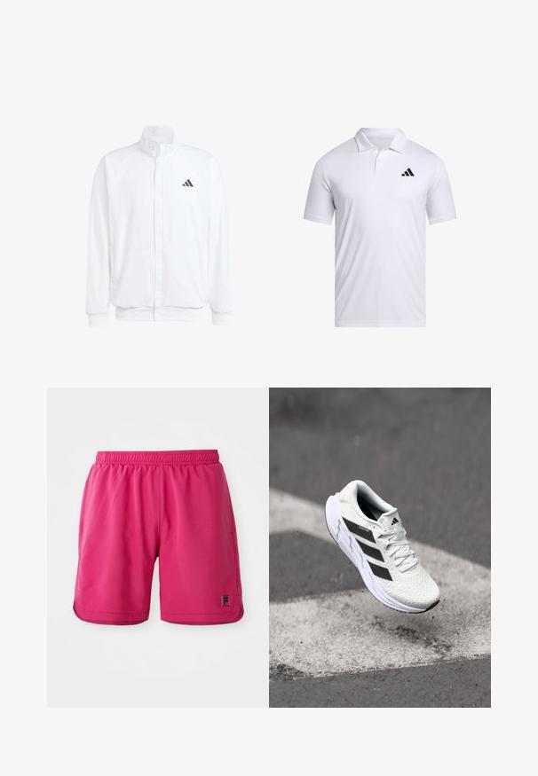 Casaco leve branco com colarinho alto, fecho frontal com zipper, bolsos laterais e um logótipo preto da Adidas no peito esquerdo. Textura suave.; Camisola polo branca feita de tecido respirável com colarinho, com mangas curtas e um logo preto da Adidas no lado esquerdo do peito.; Calções de desporto cor-de-rosa brilhante com cintura elástica e pequeno logótipo da marca na parte inferior da perna esquerda, em fundo branco.; Shoe atlético branco com parte superior em malha texturizada, riscas pretas, fecho de atacadores e sola almofadada, a flutuar acima de uma superfície de estrada marcada.