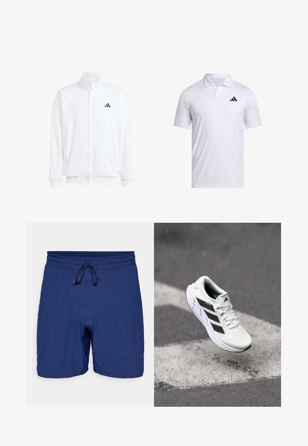 Casaco leve branco com colarinho alto, fecho frontal com zipper, bolsos laterais e um logótipo preto da Adidas no peito esquerdo. Textura suave.; Camisola polo branca feita de tecido respirável com colarinho, com mangas curtas e um logo preto da Adidas no lado esquerdo do peito.; Calções de banho azuis com cintura elástica e fecho por cordão. Apresenta um padrão de tecido texturizado e corte a meio da coxa.; Shoe atlético branco com parte superior em malha texturizada, riscas pretas, fecho de atacadores e sola almofadada, a flutuar acima de uma superfície de estrada marcada.
