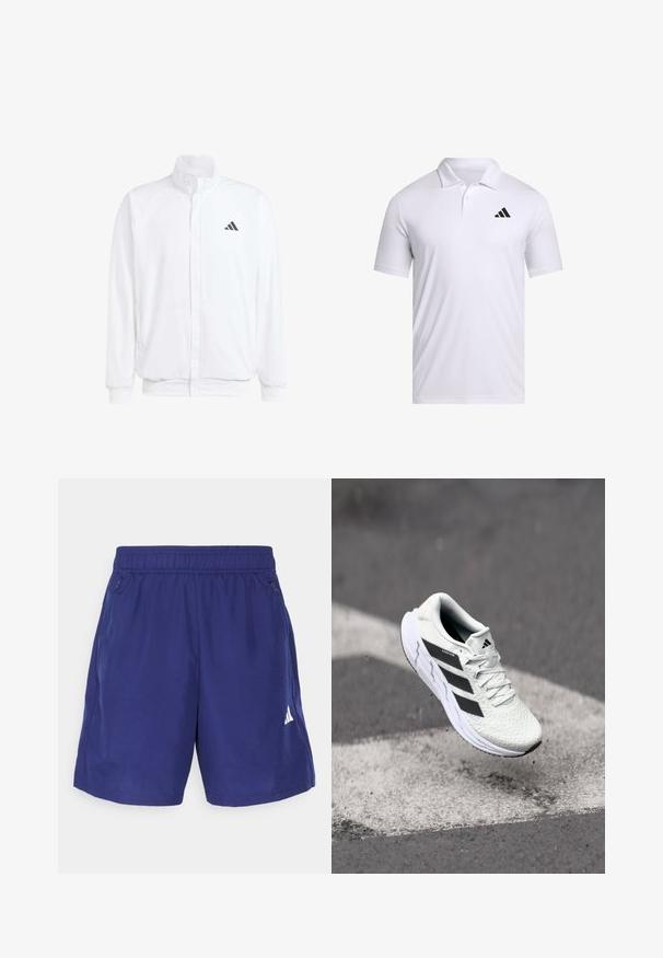 Casaco leve branco com colarinho alto, fecho frontal com zipper, bolsos laterais e um logótipo preto da Adidas no peito esquerdo. Textura suave.; Camisola polo branca feita de tecido respirável com colarinho, com mangas curtas e um logo preto da Adidas no lado esquerdo do peito.; Calças de atletismo em azul-marinho com cintura elástica, bolsos laterais com fecho e um logo branco no lado direito inferior. Tecido suave e leve.; Shoe atlético branco com parte superior em malha texturizada, riscas pretas, fecho de atacadores e sola almofadada, a flutuar acima de uma superfície de estrada marcada.