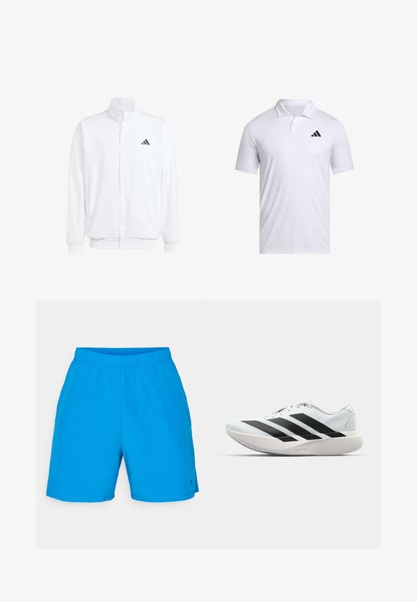 Balts viegls jaciņš ar stāvo apkakli, priekšējo rāvējslēdzēju, sānu kabatām un melnu Adidas logo kreisajā krūtī. Mīksta tekstūra.; Balts polo krekls, kas izgatavots no elpojoša materiāla, ar apkakli, īsām piedurknēm un melnu Adidas logo kreisajā krūtī.; Zili peldbikses, kas izgatavotas no viegla materiāla, ar elastīgu jostu un teksturētu apdari. Ietver nelielu logotipa detaļu.; Gaiši zili vieglie skriešanas apavi ar melniem svītrainiem. Iezīmēti ar gludu augšpusi, apaļu purngalu un biezāko balto vidējo zoli, kurā ir uzraksts "LIGHTSTRIKE PRO."