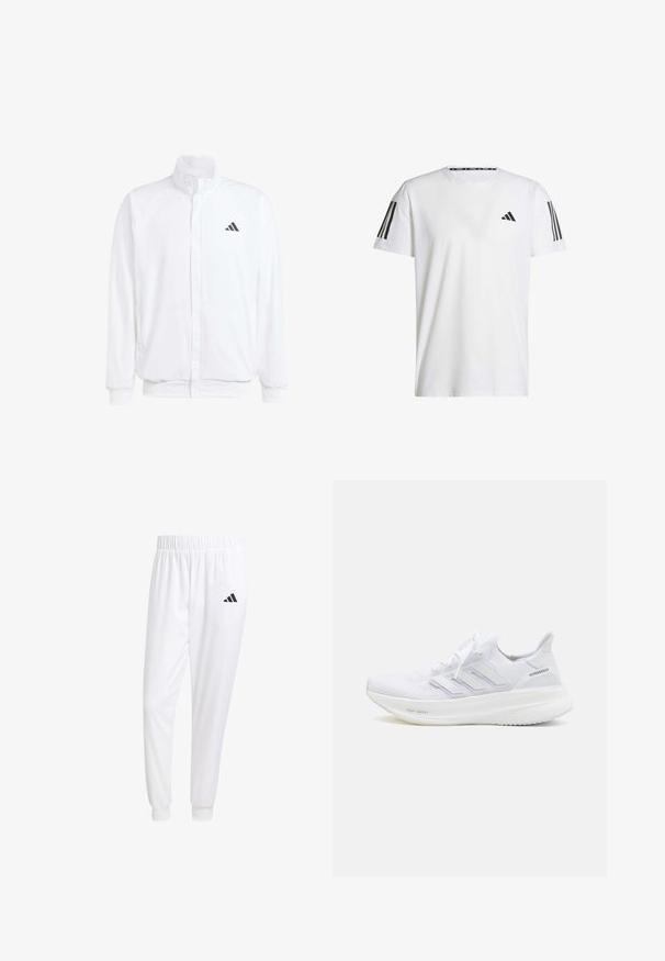 Giacca leggera bianca con colletto alto, chiusura frontale con zip, tasche laterali e logo Adidas nero sul lato sinistro del petto. Texture morbida.; T-shirt bianco a maniche corte realizzato in tessuto traspirante, con un logo triangolare nero e tre strisce nere su ciascun spalla.; Pantaloni sportivi bianchi realizzati in tessuto liscio, con una vita elasticizzata e polsini aderenti, dotati di un logo nero sulla tasca posteriore.; Scarpa da corsa bianca con una parte superiore in maglia testurizzata, logo a tre strisce diagonali e suola ammortizzata con la dicitura "Light Boost."