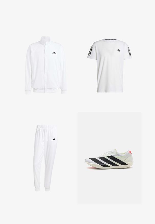 Veste légère blanche avec col montant, fermeture éclair sur le devant, poches latérales, et un logo Adidas noir sur la poitrine gauche. Texture douce.; T-shirt blanc à manches courtes en tissu respirant, doté d'un logo triangulaire noir et de trois bandes noires sur chaque épaule.; Pantalons de sport blancs en tissu lisse, dotés d'une taille élastique et de poignets ajustés, avec un logo noir sur la poche arrière.; Chaussure de sport blanche avec des rayures diagonales noires, en matière en maille légère, accents verts et contrefort rouge ; présente un design élégant et allongé.