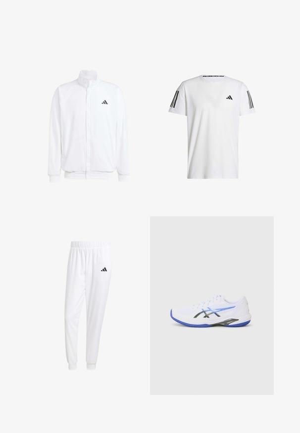 Valkoinen kevyt takki, jossa on pystysuora kaulus, etuvetoketju, sivutaskut ja musta Adidas-logo vasemmassa rinnassa. Pehmeä rakenne.; Valkoinen lyhythihainen T-paita, joka on valmistettu hengittävästä kankaasta. Paidassa on musta kolmion muotoinen logo ja kolme mustaa raitaa jokaisella olkapäällä.; Valkoiset urheiluhousut, jotka on valmistettu sileästä kankaasta, jossa on joustava vyötärö ja istuvat hihat, ja joissa on musta logo takataskussa.; Valkoinen urheilukenkä sinisillä yksityiskohdilla, jossa on verkkomateriaali päällisessä, mustia päällyksiä ja teksturoitu pohja pitoa varten. Suunniteltu suorituskykyä ja tukea varten.
