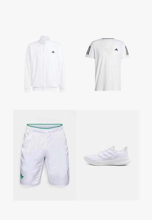 Chaqueta ligera blanca con cuello alzado, cierre frontal con cremallera, bolsillos laterales y un logo negro de Adidas en el lado izquierdo del pecho. Textura suave.; Camiseta blanca de manga corta hecha de tejido transpirable, con un logo triangular negro y tres rayas negras en cada hombro.; Pantalones cortos deportivos blancos con una cinturilla verde y un logo de trébol verde de Adidas. Fabricados con una tela suave y ligera, cuentan con bolsillos laterales.; Zapatillas deportivas blancas con una parte superior de malla texturizada, suela acolchada y soporte, y un diseño de tres rayas en el lateral.