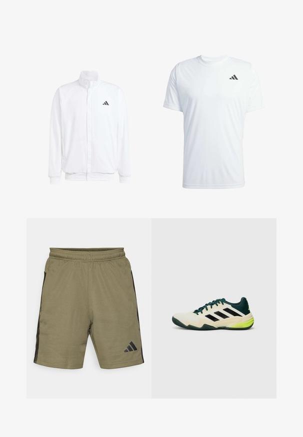 Balts viegls jaciņš ar stāvo apkakli, priekšējo rāvējslēdzēju, sānu kabatām un melnu Adidas logo kreisajā krūtī. Mīksta tekstūra.; Balts īsajām piedurknēm sporta krekls, izgatavots no viegla auduma, ar melnu Adidas logotipu kreisajā augšējā krūtī.; Olīvu zaļi sporta šorti ar elastīgu jostu, melnām sānu daļām un logotipu apakšējā kreisajā kājā. Izgatavoti no teksturēta auduma.; Tenisa apavi ar krēmkrāsas augšdaļu, melnām svītrām, zaļiem akcentiem un strukturētu gumijas zoli labākai saķerei. Izgatavoti no sintētiskiem materiāliem.