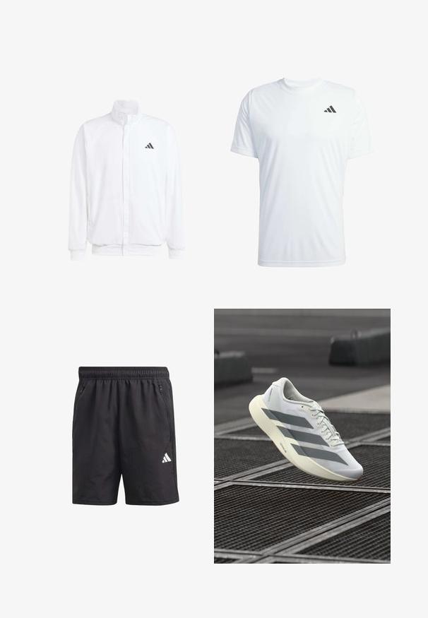 Valge kerge jakk, millel on seisev krae, ees lukuga kinnitus, küljetaskud ja must Adidas logo vasakul rinnal. Pehme tekstuur.; Valge lühikeste varrukatega sportlik t-särk, mis on valmistatud kergetest materjalidest ja millel on must Adidas'i logo vasakul rinnal.; Mustad mustad lühikesed püksid elastse vöökohtaga, küljepeegli taskud ja valge logo vasakul jalal. Kerged, siledad tekstuurid.; Valge sportlik jalanõu tekstureeritud võrgus ülaosaga, hallide triipude ja pehmendusega tallaga. Kerge disain, sobib jooksmiseks.