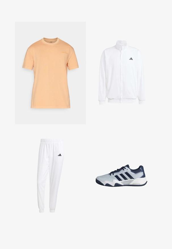 Witte lichtgewicht jas met een staande kraag, voorzijde met rits, zijzakken en een zwart Adidas-logo op de linkerborst. Zachte textuur.; Korte mouwen t-shirt in licht perzik katoen, met een ronde hals en een subtiele logo-print op de borst, met een zachte, gladde textuur.; Witte sportbroek van gladde stof, met een elastische tailleband en smalle taillebanden, voorzien van een zwart logo op de achterzak.; Lichtgrijze en marineblauwe sportschoen met drie zwarte strepen, vetersluiting en gestructureerde zool, zijaanzicht naar links gericht.