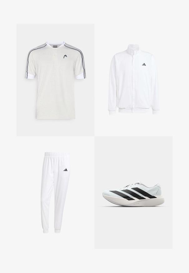 Bílá lehká bunda s stojatým límcem, předním zipem, bočními kapsami a černým logem Adidas na levé hrudi. Měkká textura.; Poloko s krátkým rukávem v světle šedé bavlně, s bílým límcem, dvoubotovým zapínáním a tmavě šedými akcentními pruhy na ramenou.; Bílé sportovní kalhoty vyrobené z hladkého materiálu, s elastickým pasem a přiléhavými manžetami, s černým logem na zadní kapse.; Lehké běžecké boty v světle modré barvě s černými pruhy. Mají hladký svršek, kulatou špičku a silnou bílou mezipodešev označenou "LIGHTSTRIKE PRO."