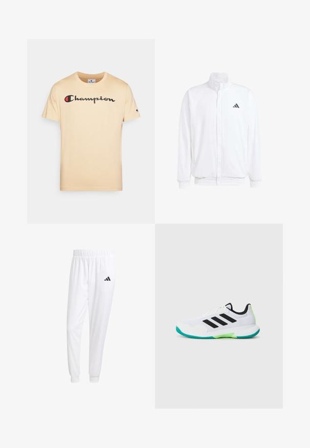 White lightweight jacket featuring a stand collar, front zipper closure, side pockets, and a black Adidas logo on the left chest. Soft texture.; Beige cotton t-shirt with short sleeves, featuring "Champion" logo in black and red across the chest and a small logo on the sleeve.; White athletic pants made of smooth fabric, featuring an elastic waistband and fitted cuffs, with a black logo on the back pocket.; White athletic shoe with mesh upper, black stripes, and green accents. Features a textured sole and padded collar for support.