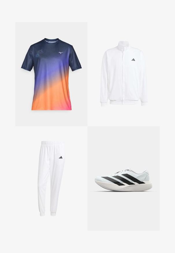 Bijela lagana jakna s visokim ovratnikom, prednjim zatvaračem, bočnim džepovima i crnim Adidas logom na lijevoj sisi. Mekana tekstura.; Majica kratkih rukava za sport u gradijentu tamnoplave, ljubičaste, narančaste i ružičaste boje. Sadrži suptilan cvjetni uzorak i logo na prsima. Glatka tkanina.; Bijele atletske hlače od glatkog materijala, sa elastičnom vrpcom u struku i pripijenim manžetama, sa crnim logom na stražnjem džepu.; Lagane tenisice za trčanje u svijetloplavoj boji s crnim trakama. Imaju glatku gornju površinu, okrugli vrh i debeli bijeli srednji sloj označen "LIGHTSTRIKE PRO."
