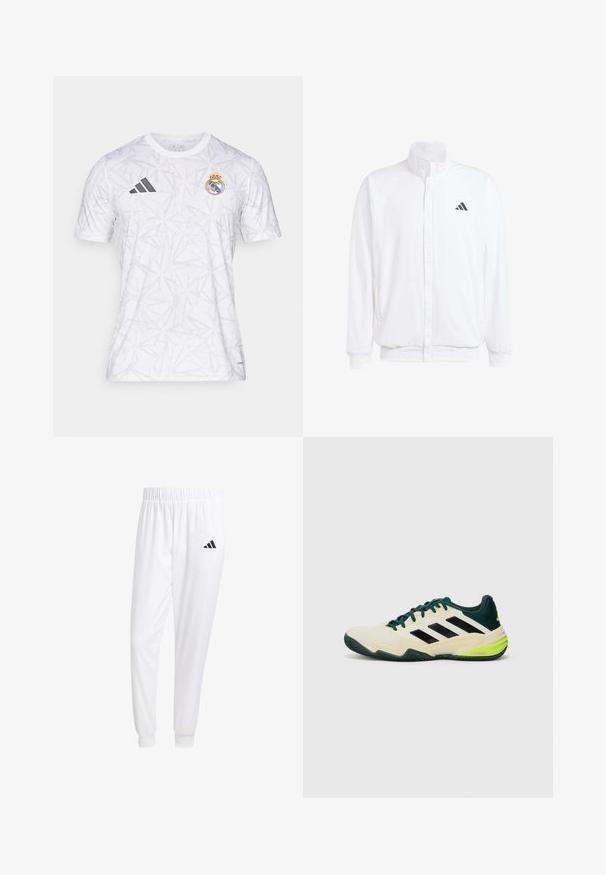 Valkoinen kevyt takki, jossa on pystysuora kaulus, etuvetoketju, sivutaskut ja musta Adidas-logo vasemmassa rinnassa. Pehmeä rakenne.; adidas Performance REAL MADRID PREMATCH SHIRT - Joukkuetuote - white/clear grey; Valkoiset urheiluhousut, jotka on valmistettu sileästä kankaasta, jossa on joustava vyötärö ja istuvat hihat, ja joissa on musta logo takataskussa.; Tennarit, joissa on kerma vaalea yläosa, mustat raidat, vihreät yksityiskohdat ja teksturoitu kumipohja pitävyyttä varten. Valmistettu synteettisistä materiaaleista.