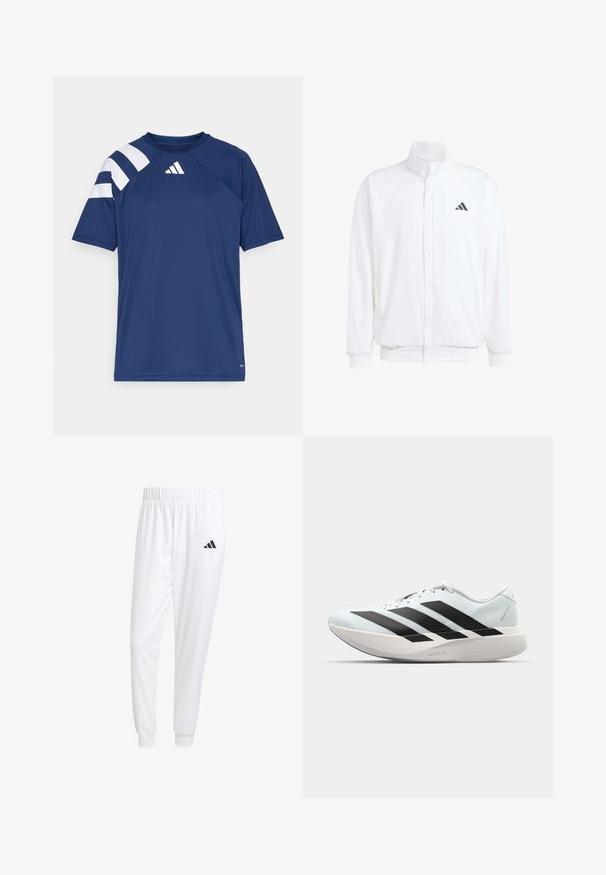 Valge kerge jakk, millel on seisev krae, ees lukuga kinnitus, küljetaskud ja must Adidas logo vasakul rinnal. Pehme tekstuur.; Tume sinise värvi sportlik T-särk tekstuurses kangas, millel on valged triibud vasakul õlal ja väike logo kaeluse lähedal.; Valged sportpüksid, mis on valmistatud siledast kangast, omavad elastset vöökohta ja kitsaid mansette, tagakoti peal on must logo.; Kerged jooksujalatsid helesinises värvuses mustade triipudega. Omavad siledat pealispinda, ümarat varvase osa ja paksu valget vahemõõtu, millel on silt "LIGHTSTRIKE PRO".