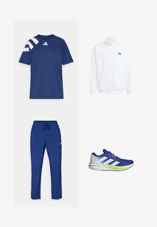 Biała lekka kurtka z podwyższonym kołnierzem, przednim zamkiem błyskawicznym, bocznymi kieszeniami oraz czarnym logo Adidas na lewej piersi. Miękka tekstura.; Granatowa koszulka sportowa z teksturowanej tkaniny, z białymi paskami na lewym ramieniu i małym logo w okolicy dekoltu.; Granatowe spodnie sportowe z elastycznym pasem i sznurkiem do regulacji. Posiadają subtelne logo z boku oraz zamki przy kostkach.; Niebieski but sportowy z białymi akcentami, górą z siateczki i amortyzującą podeszwą wyróżniającą się neongreen paskiem. Posiada krzywą konstrukcję.