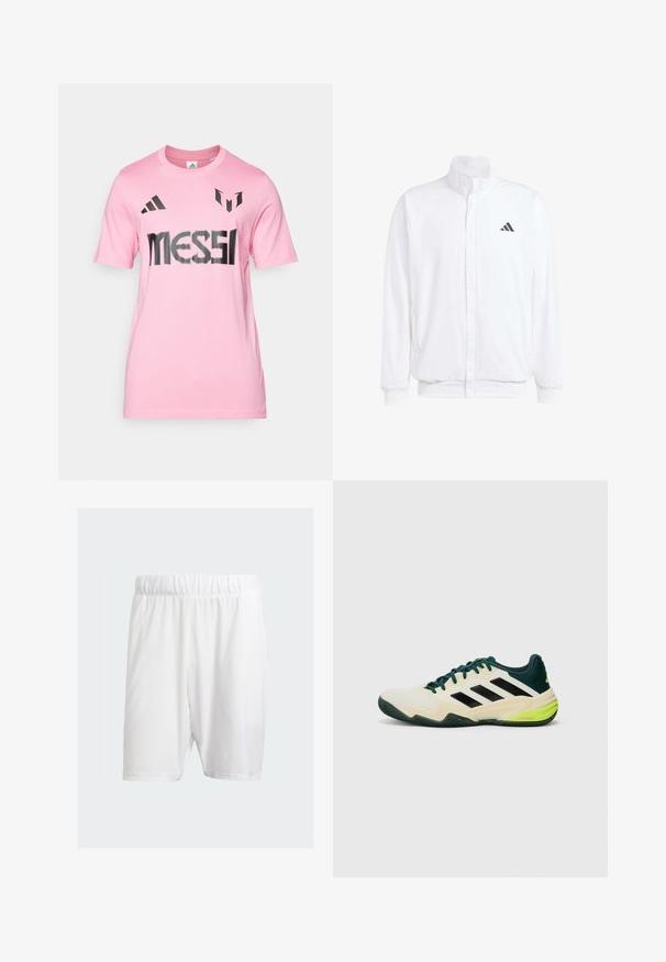Chaqueta ligera blanca con cuello alzado, cierre frontal con cremallera, bolsillos laterales y un logo negro de Adidas en el lado izquierdo del pecho. Textura suave.; Camiseta de algodón rosa con el texto impreso en negro "MESSI", el logo de adidas y detalles de diseño distintivos en los hombros. Mangas cortas.; Pantalones cortos deportivos blancos hechos de una tela ligera, con una cinturilla elástica, textura suave y corte a la altura de la rodilla.; Zapatillas de tenis con parte superior crema, rayas negras, detalles verdes y una suela de goma texturizada para un mejor agarre. Construidas con materiales sintéticos.