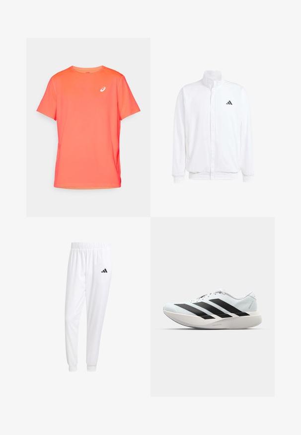 Bela lahka jakna s stojčnim ovratnikom, sprednjim zadrgo, stranskimi žepi in črnimi Adidasovimi logotipi na levem prsnem delu. Mehak material.; T-maica kratkih rukavov športna v svetli koralni barvi, izdelana iz lahkega, gladkega materiala, z belim logotipom na levem prsnem delu.; Bele atletske hlače iz gladkega materiala, z elastičnim pasom in prilagojenimi manšetami, na zadnjem žepu pa je črna logo.; Lahki tekaški čevlji v svetlo modri barvi z belimi črtami. Imajo gladek zgornji del, okroglo kapico in debel bel srednji podplat z označbo "LIGHTSTRIKE PRO."