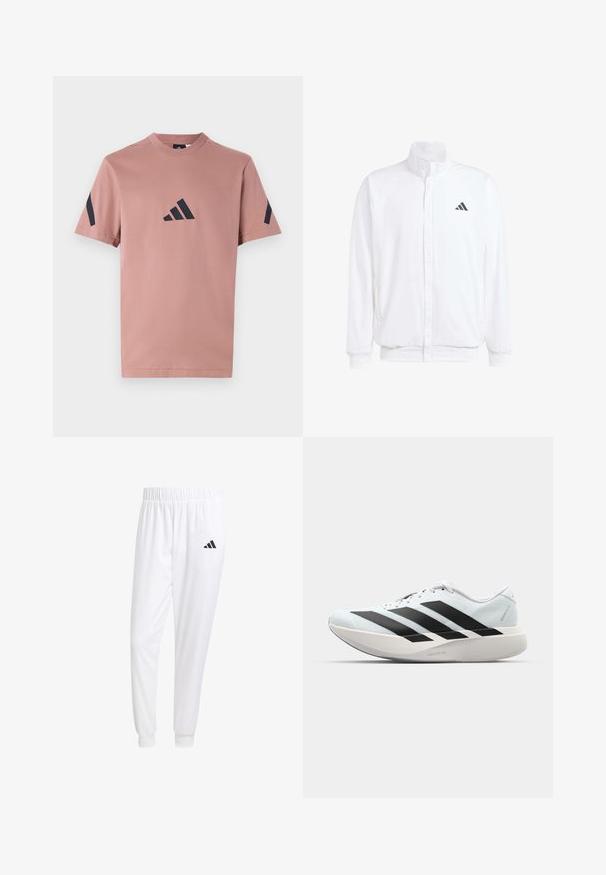 Casaco leve branco com colarinho alto, fecho frontal com zipper, bolsos laterais e um logótipo preto da Adidas no peito esquerdo. Textura suave.; T-shirt atlético rosa de manga curta, feita de um tecido suave, com gola redonda, logotipo preto no peito e detalhes pretos nas mangas.; Calças esportivas brancas feitas de tecido suave, com uma cintura elástica e punhos ajustados, apresentando um logo preto no bolso de trás.; Tênis de corrida leves em azul pálido com riscas pretas. Apresentam um cabedal liso, bico redondo e uma entressola espessa branca rotulada como "LIGHTSTRIKE PRO."