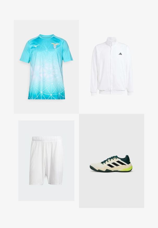Witte lichtgewicht jas met een staande kraag, voorzijde met rits, zijzakken en een zwart Adidas-logo op de linkerborst. Zachte textuur.; Lichtblauw sportshirt met wit geometrisch webpatroon, S.S. Lazio-logo op de rechterborst en Mizuno-logo op de linkerborst.; Witte sportshorts van lichtgewicht stof, met een elastische tailleband, een gladde textuur en een knielengte.; Tennisschoenen met een crèmekleurige bovenkant, zwarte strepen, groene accenten en een gestructureerde rubberen zool voor grip. Gemaakt van synthetische materialen.
