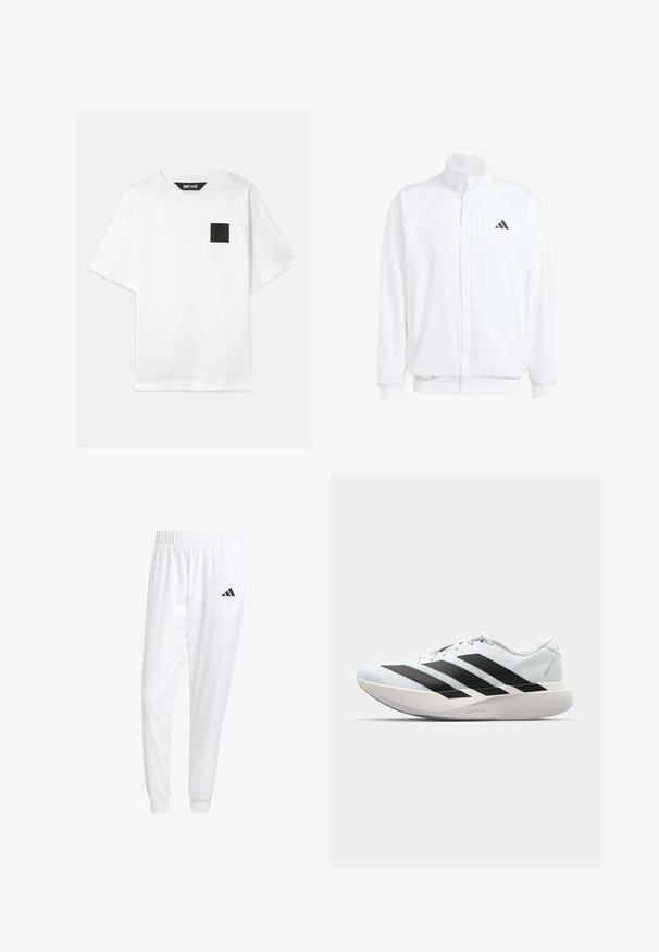 Fehér, könnyű dzseki, álló gallérral, elülső cipzáros záródással, oldalsó zsebekkel és fekete Adidas logóval a bal mellen. Puha tapintású.; Fehér, rövid ujjú pamut póló, bal mellen fekete négyzet alakú logóval. Kerek nyakú, laza szabású.; Fehér sportnadrág sima anyagból, rugalmas derékpánttal és szűkített bokákkal, a hátsó zsebében fekete logóval.; Világoskék, fekete csíkos könnyű futószerek. Simább felső résszel, kerek orral és vastag fehér középtalppal, amelyen a "LIGHTSTRIKE PRO" felirat olvasható.