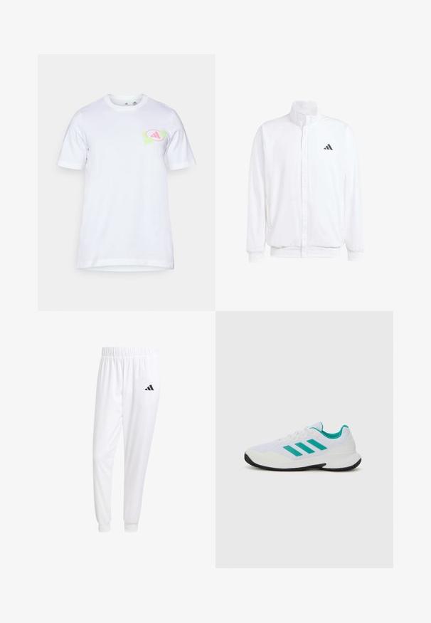 Biała lekka kurtka z podwyższonym kołnierzem, przednim zamkiem błyskawicznym, bocznymi kieszeniami oraz czarnym logo Adidas na lewej piersi. Miękka tekstura.; Biała bawełniana koszulka z krótkim rękawem. Posiada graficzny wzór w jasnoróżowym i zielonym kolorze na lewej piersi, przypominający logo.; Białe sportowe spodnie z gładkiego materiału, z elastycznym pasem w talii i dopasowanymi mankietami, z czarnym logo na tylnej kieszeni.; Białe sportowe buty z turkusowymi akcentami, siateczkowa cholewka, trzy równoległe paski po boku, usztywniony zapiętek i czarna gumowa podeszwa.