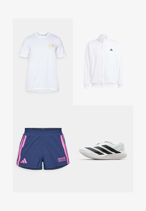 Valkoinen kevyt takki, jossa on pystysuora kaulus, etuvetoketju, sivutaskut ja musta Adidas-logo vasemmassa rinnassa. Pehmeä rakenne.; Valkoinen puuvillapaita, jossa on lyhyet hihat. Edessä vasemmassa rinnassa on vaaleanpunainen ja vihreä graafinen kuvio, joka muistuttaa logoa.; adidas Performance BER25 SPLIT SHORT - Urheilushortsit - collegiate navy; Kevyt juoksukengät vaaleansinisinä mustilla raidoilla. Ominaisuuksiin kuuluu sileä pinta, pyöreä kärki ja paksu valkoinen välipohja, joka on merkitty "LIGHTSTRIKE PRO".