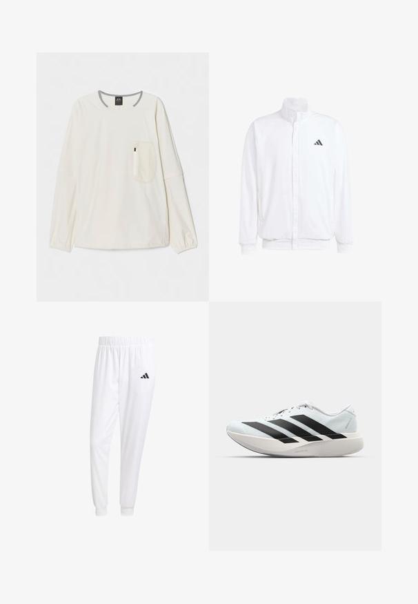 Witte lichtgewicht jas met een staande kraag, voorzijde met rits, zijzakken en een zwart Adidas-logo op de linkerborst. Zachte textuur.; Langsleeve shirt in off-white stof met een grijze halslijn en accenten. Voorzien van een borstzak met een rits. Zachte textuur.; Witte sportbroek van gladde stof, met een elastische tailleband en smalle taillebanden, voorzien van een zwart logo op de achterzak.; Lichte hardloopschoenen in lichtblauw met zwarte strepen. Beschikt over een soepele bovenkant, ronde neusstuk en dikke witte tussenzool met het label "LIGHTSTRIKE PRO."
