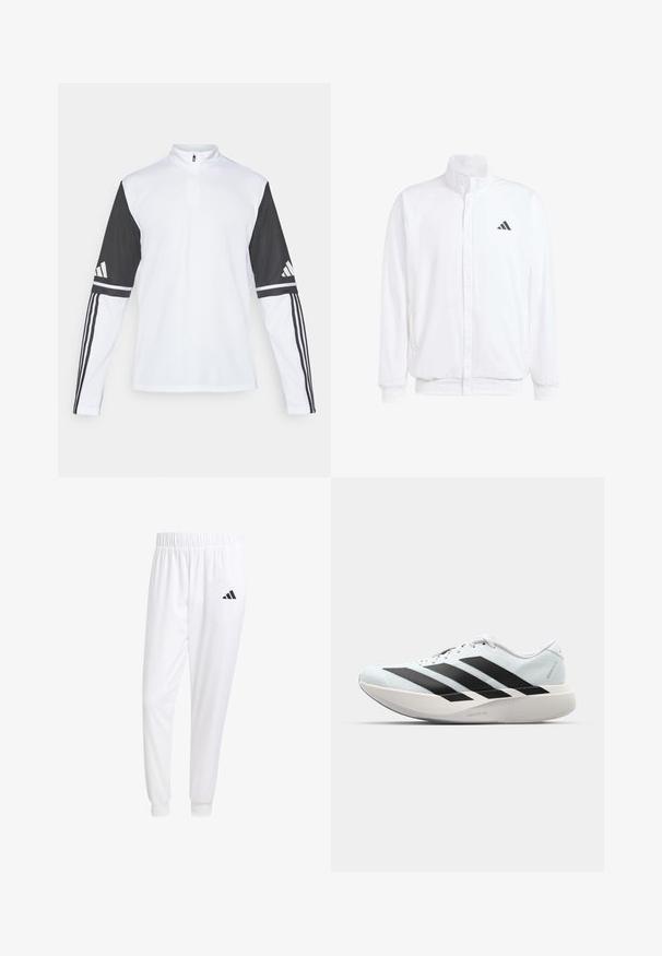 White lightweight jacket featuring a stand collar, front zipper closure, side pockets, and a black Adidas logo on the left chest. Soft texture.; Long-sleeve athletic top featuring a white body and black sleeves, with a quarter-zip neck, Adidas logo, and contrasting stripes on the arms.; White athletic pants made of smooth fabric, featuring an elastic waistband and fitted cuffs, with a black logo on the back pocket.; Lightweight running shoes in pale blue with black stripes. Features a smooth upper, round toe, and thick white midsole labeled "LIGHTSTRIKE PRO."