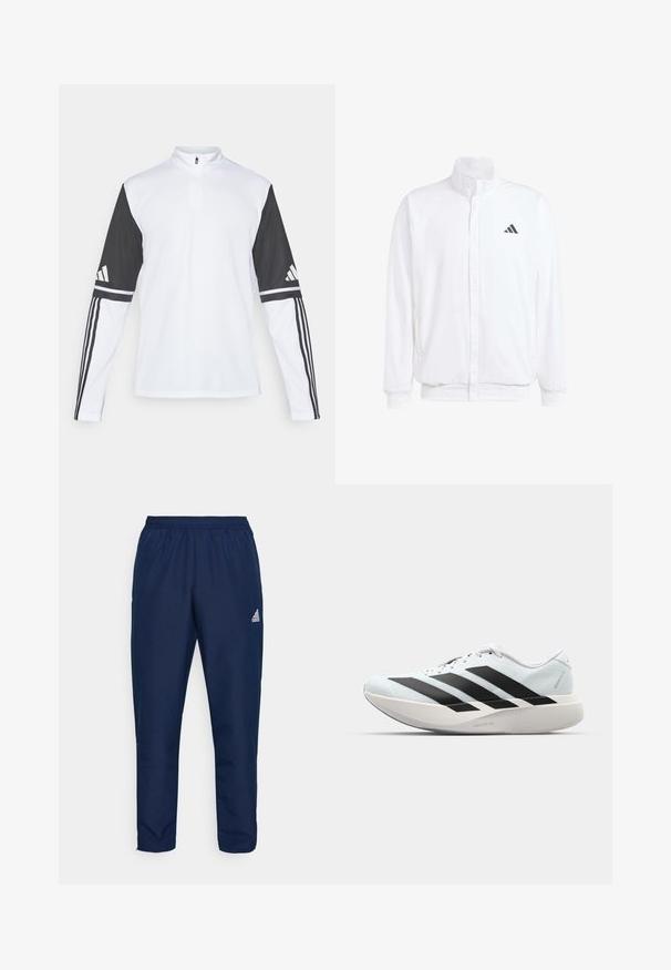 White lightweight jacket featuring a stand collar, front zipper closure, side pockets, and a black Adidas logo on the left chest. Soft texture.; Long-sleeve athletic top featuring a white body and black sleeves, with a quarter-zip neck, Adidas logo, and contrasting stripes on the arms.; Navy blue athletic pants made of lightweight, smooth fabric with an elastic waistband and white logo on the left thigh.; Lightweight running shoes in pale blue with black stripes. Features a smooth upper, round toe, and thick white midsole labeled "LIGHTSTRIKE PRO."