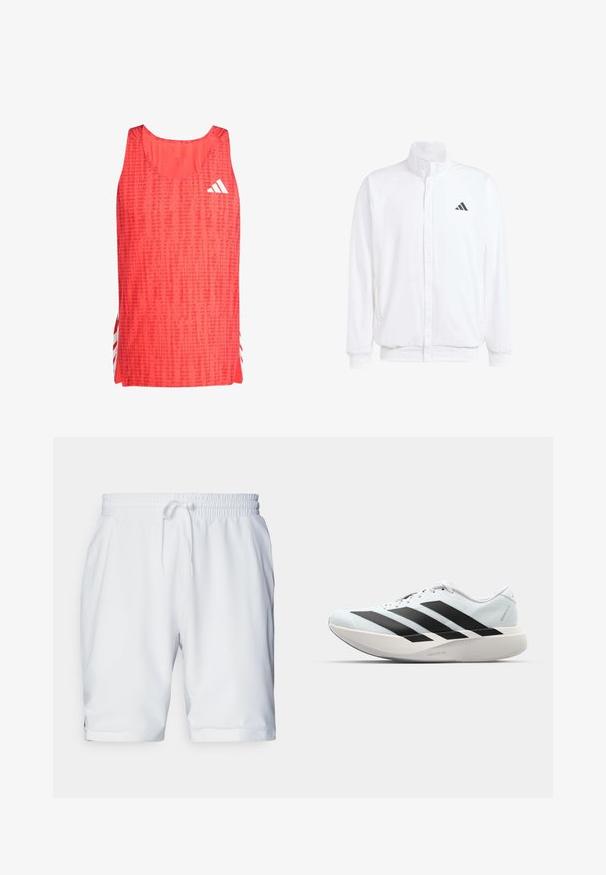 Veste légère blanche avec col montant, fermeture éclair sur le devant, poches latérales, et un logo Adidas noir sur la poitrine gauche. Texture douce.; Débardeur de sport rouge avec un motif texturé, encolure en scoop et logo Adidas blanc. Des fentes sur les côtés révèlent des rayures blanches pour un détail supplémentaire.; Shorts de sport blancs avec une taille élastique et un cordon de serrage réglable. Tissu lisse avec une texture subtile, comportant des poches latérales.; Baskets de course légères en bleu pâle avec des rayures noires. Elles présentent un dessus lisse, un embout rond et une semelle intermédiaire blanche épaisse étiquetée "LIGHTSTRIKE PRO".