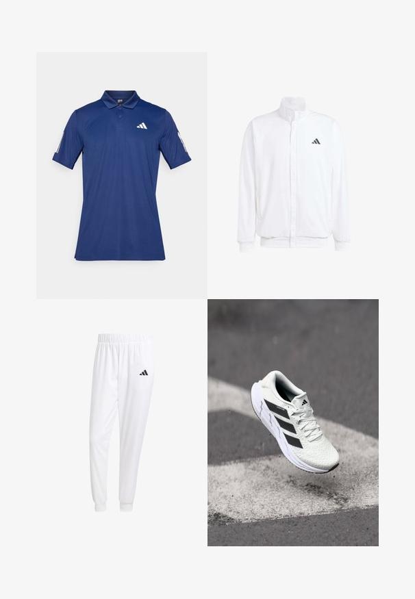 Bela lahka jakna s stojčnim ovratnikom, sprednjim zadrgo, stranskimi žepi in črnimi Adidasovimi logotipi na levem prsnem delu. Mehak material.; Polo majica v mornarsko modri barvi, izdelana iz lahkega materiala, s klasičnim ovratnikom, kratkimi rokavi in belimi logotipnimi poudarki na prsih in rokavu.; Bele atletske hlače iz gladkega materiala, z elastičnim pasom in prilagojenimi manšetami, na zadnjem žepu pa je črna logo.; Bela atletska čevlja z teksturiranim mrežastim zgornjim delom, črnimi črtami, zavezovanjem na vezalke in oblazinjenim podplatom, lebdi nad označeno cesto.