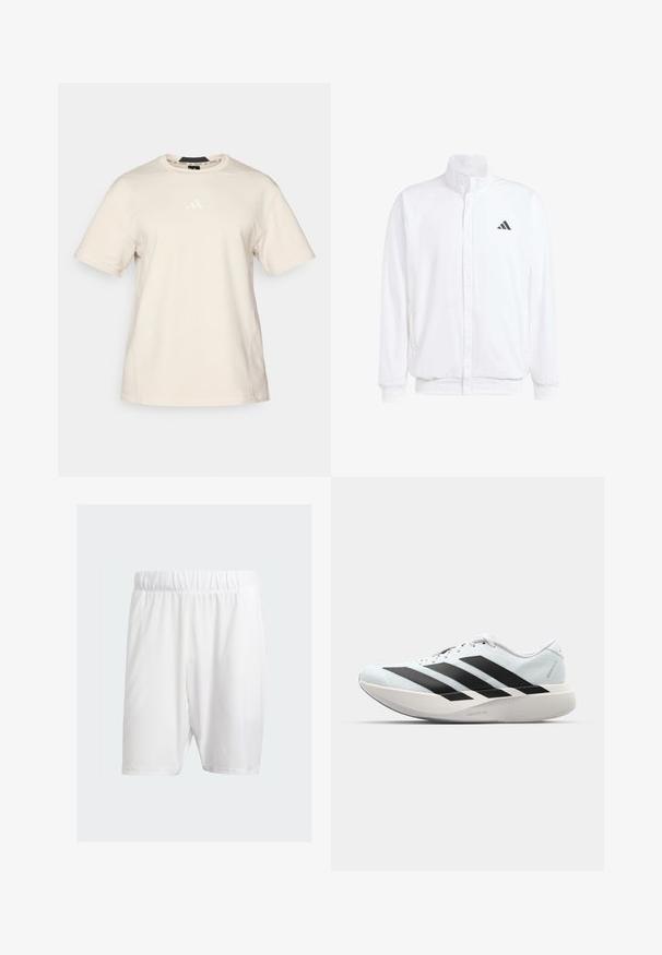 Hvid letvægtsjakke med en ståkrave, frontlynlås, sidelommer og et sort Adidas-logo på venstre bryst. Blød tekstur.; Beige bomulds T-shirt med korte ærmer, rund hals og et subtilt hvidt Adidas-logo på brystet. Glat tekstur med minimale sømme.; Hvide sportshorts lavet af letvægtsstof, med elastisk talje, glat tekstur og knælængde.; Letvægtige løbesko i lys blå med sorte striber. Har en glat overdel, rund tå og tyk hvid mellemsål mærket "LIGHTSTRIKE PRO."