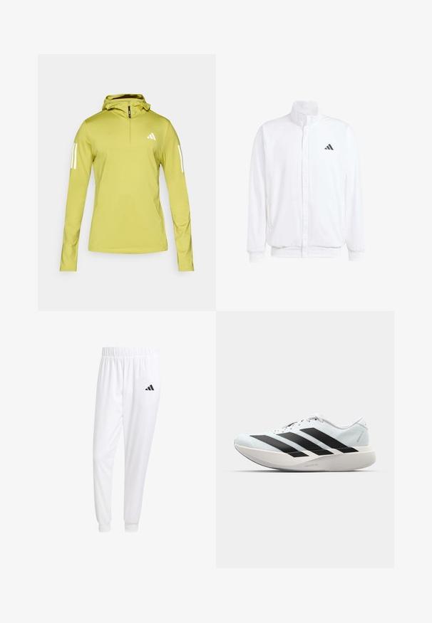 White lightweight jacket featuring a stand collar, front zipper closure, side pockets, and a black Adidas logo on the left chest. Soft texture.; Light green long-sleeve hoodie with a half-zip, featuring white stripes on sleeves and a logo on the chest. Textured stretch fabric.; White athletic pants made of smooth fabric, featuring an elastic waistband and fitted cuffs, with a black logo on the back pocket.; Lightweight running shoes in pale blue with black stripes. Features a smooth upper, round toe, and thick white midsole labeled "LIGHTSTRIKE PRO."