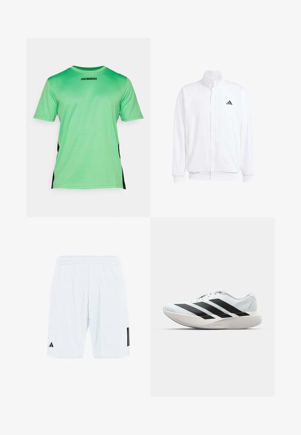 Chaqueta ligera blanca con cuello alzado, cierre frontal con cremallera, bolsillos laterales y un logo negro de Adidas en el lado izquierdo del pecho. Textura suave.; Camiseta atlética verde de manga corta con cuello redondo, acentos laterales negros y el logo "HUMMEL" en la parte frontal en negro. Textura suave.; Pantalones cortos deportivos blancos con cintura elástica, con tres franjas negras en los lados y un logo negro en la parte inferior de la pierna izquierda.; Zapatillas de running ligeras en azul pálido con rayas negras. Presentan una parte superior suave, puntera redonda y una gruesa mediasuela blanca etiquetada como "LIGHTSTRIKE PRO".