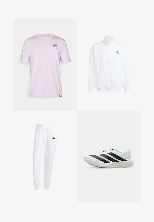 Casaco leve branco com colarinho alto, fecho frontal com zipper, bolsos laterais e um logótipo preto da Adidas no peito esquerdo. Textura suave.; T-shirt de manga curta lilás claro, feita de algodão, com um bolso no peito adornado com um gráfico de dois utensílios bordados em azul-marinho.; Calças esportivas brancas feitas de tecido suave, com uma cintura elástica e punhos ajustados, apresentando um logo preto no bolso de trás.; Tênis de corrida leves em azul pálido com riscas pretas. Apresentam um cabedal liso, bico redondo e uma entressola espessa branca rotulada como "LIGHTSTRIKE PRO."