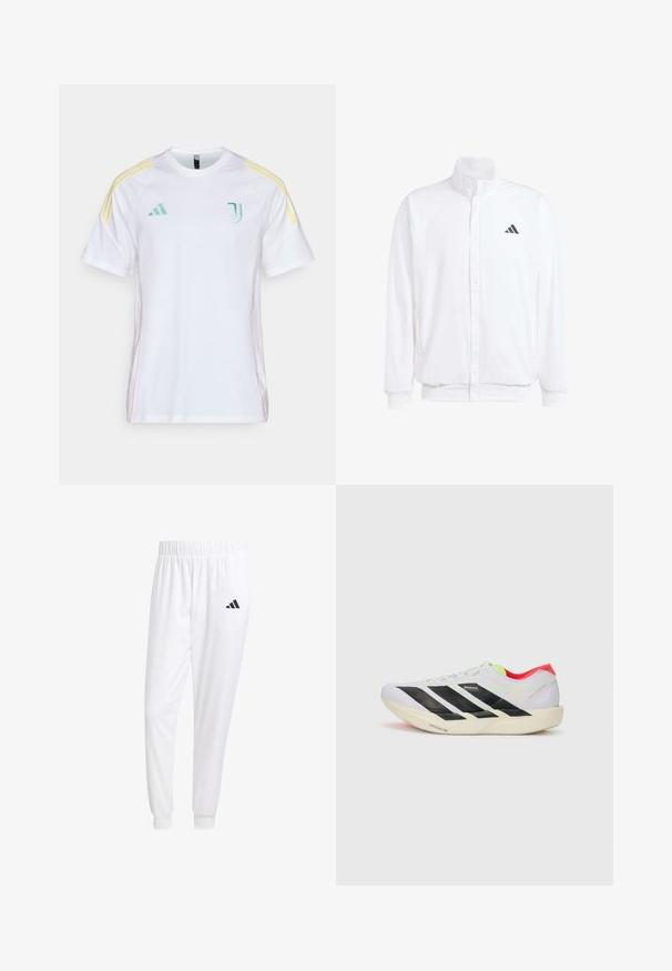 Balts viegls jaciņš ar stāvo apkakli, priekšējo rāvējslēdzēju, sānu kabatām un melnu Adidas logo kreisajā krūtī. Mīksta tekstūra.; Balts īsajām piedurknēm krekls ar kontrastējošām dzeltenām akcenta svītrām uz pleciem. Iespējo izsistīts zaļš logo uz krūtīm un rozā šuvēs sānos.; Baltas sporta bikses, kas izgatavotas no gludas auduma, ar elastīgu jostu un pieguļošiem uzmavām, ar melnu logotipu aizmugurējā kabatā.; Balti skrienamie apavi ar melnām svītrām, neona zaļiem akcentiem un sarkanu papēdi. Izceļas ar vieglu dizainu un teksturētu zoli, kas nodrošina labu saķeri.