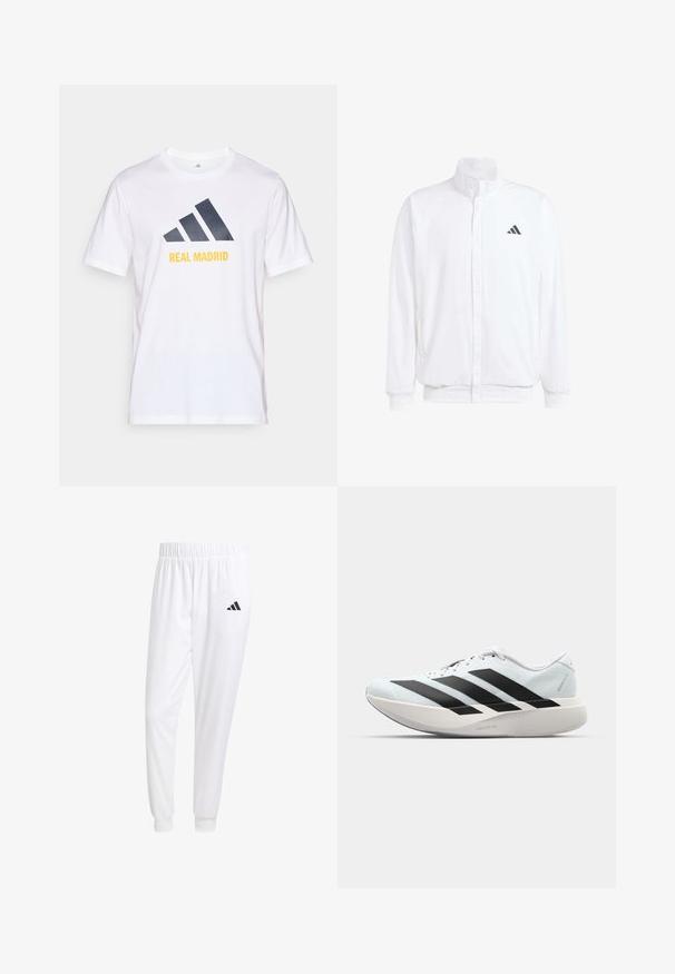 Valge kerge jakk, millel on seisev krae, ees lukuga kinnitus, küljetaskud ja must Adidas logo vasakul rinnal. Pehme tekstuur.; Valge puuvillane T-särk, millel on tumesinine Adidas'i logo ja allpool logo on helesiniselt trükitud "REAL MADRID". Lühikesed varrukad, ümar kaelus.; Valged sportpüksid, mis on valmistatud siledast kangast, omavad elastset vöökohta ja kitsaid mansette, tagakoti peal on must logo.; Kerged jooksujalatsid helesinises värvuses mustade triipudega. Omavad siledat pealispinda, ümarat varvase osa ja paksu valget vahemõõtu, millel on silt "LIGHTSTRIKE PRO".