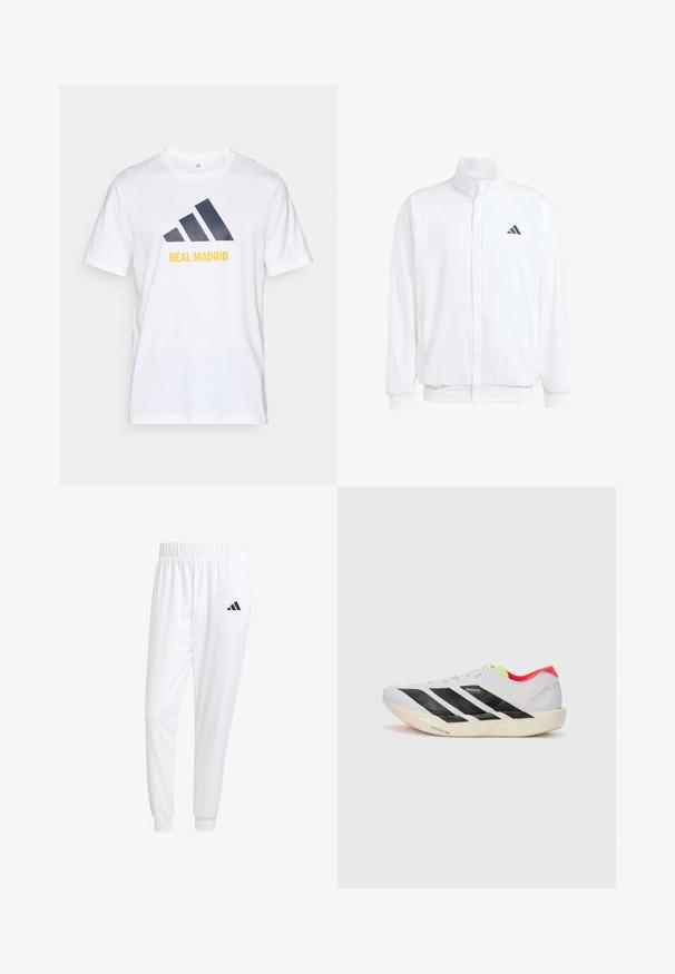 Fehér, könnyű dzseki, álló gallérral, elülső cipzáros záródással, oldalsó zsebekkel és fekete Adidas logóval a bal mellen. Puha tapintású.; Fehér pamut póló, amelyen egy sötétkék Adidas logó található, alatt pedig sárgával van nyomtatva a "REAL MADRID" felirat. Rövid ujjak, kerek nyakú dizájn.; Fehér sportnadrág sima anyagból, rugalmas derékpánttal és szűkített bokákkal, a hátsó zsebében fekete logóval.; Fehér futócipő fekete csíkokkal, neon zöld részletekkel és piros sarokkal. Könnyű dizájnnal és texturált talppal rendelkezik a tapadás érdekében.