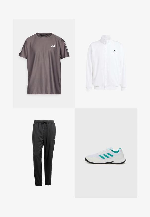 Casaco leve branco com colarinho alto, fecho frontal com zipper, bolsos laterais e um logótipo preto da Adidas no peito esquerdo. Textura suave.; adidas Performance OTR B - T-shirt desportiva - charcoal; Calças de desporto pretas com cintura elástica, cordão, tornozelos com punho e um pequeno logótipo branco na coxa direita.; Shoe atlético branco com detalhes em turquesa, parte superior em malha, três riscas paralelas na lateral, calcanhar estruturado e sola de borracha preta.