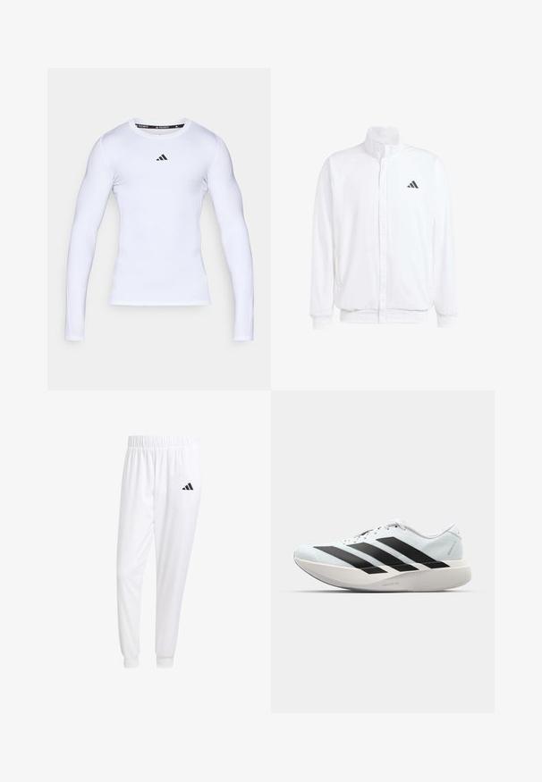 Witte lichtgewicht jas met een staande kraag, voorzijde met rits, zijzakken en een zwart Adidas-logo op de linkerborst. Zachte textuur.; Witte langarm sportshirt gemaakt van rekbare stof, met een ronde halslijn en een zwart Adidas-logo op de borst.; Witte sportbroek van gladde stof, met een elastische tailleband en smalle taillebanden, voorzien van een zwart logo op de achterzak.; Lichte hardloopschoenen in lichtblauw met zwarte strepen. Beschikt over een soepele bovenkant, ronde neusstuk en dikke witte tussenzool met het label "LIGHTSTRIKE PRO."