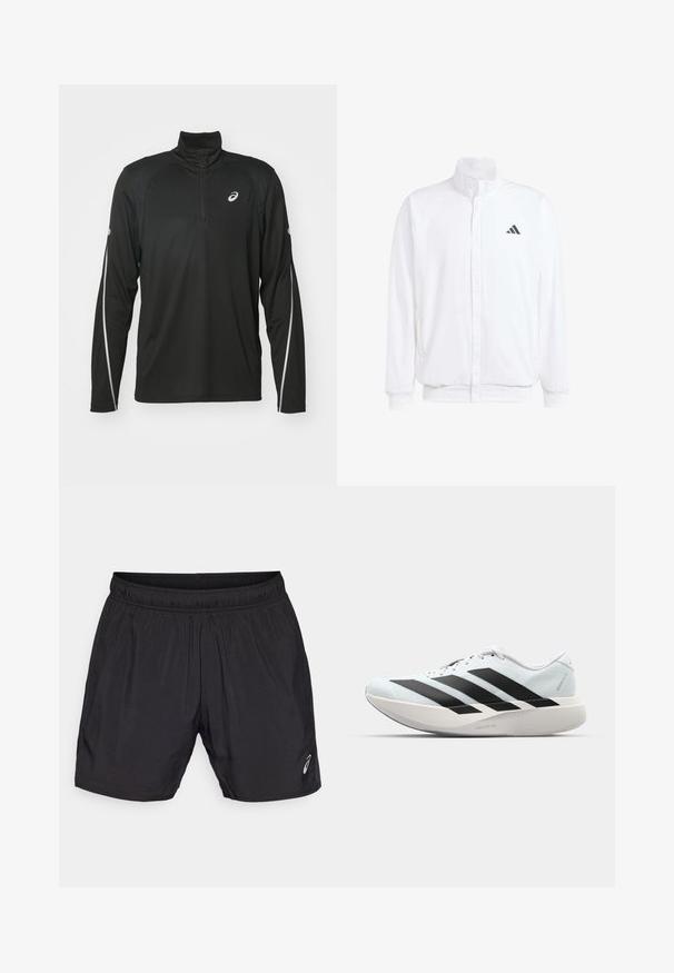 Jachetă albă ușoară, cu guler în picioare, închidere cu fermoar în față, buzunare laterale și un logo Adidas negru pe pieptul stâng. Textură moale.; Top athletic din material elastic, cu mânecă lungă și guler cu fermoar până la jumătate, de culoare neagră, având accente reflectorizante albe pe mâneci și un logo pe piept.; Shorts sportivi negri, confecționați dintr-un material ușor, având un brâu elastic și un mic logo pe partea stângă jos.; Pantofi de alergare ușori în albastru deschis cu dungi negre. Au un superior neted, vârf rotund și o intermediară groasă albă etichetată "LIGHTSTRIKE PRO."