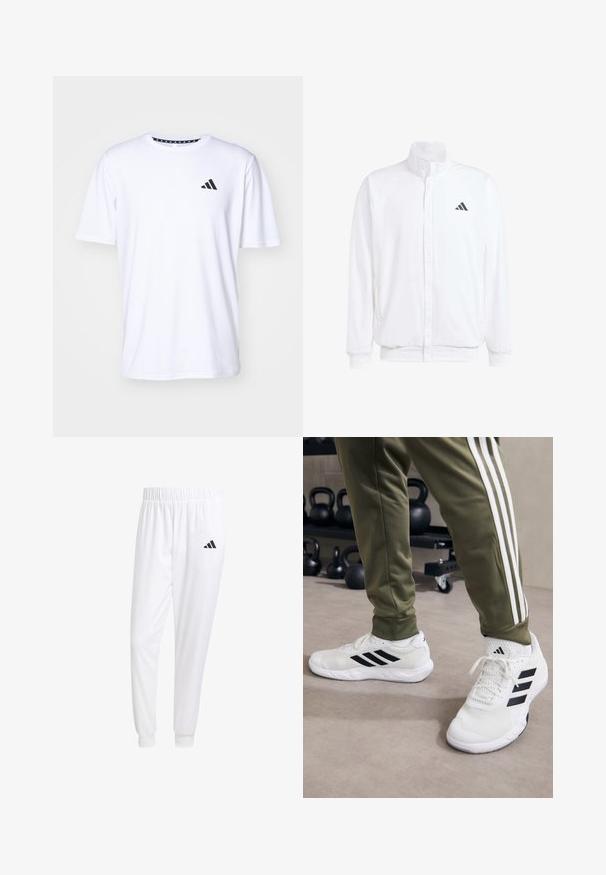 Jachetă albă ușoară, cu guler în picioare, închidere cu fermoar în față, buzunare laterale și un logo Adidas negru pe pieptul stâng. Textură moale.; Tricou alb cu mânecă scurtă dintr-un material cu o textură netedă. Dispune de un logo negru adidas pe pieptul stâng și un guler cu un model.; Pantaloni sport albi dintr-un material neted, cu un brâu elastic și mansete ajustate, având un logo negru pe buzunarul din spate.; Pantofi sport albi cu dungi negre, textură din plasă și guler căptușit, asortați cu pantaloni verde măsliniu cu dungi albe pe laterale.