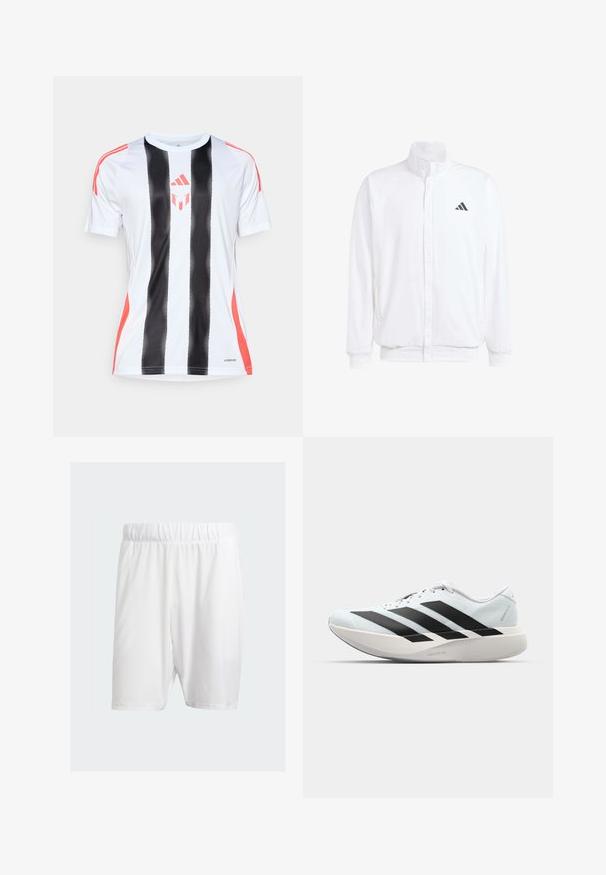 Valkoinen kevyt takki, jossa on pystysuora kaulus, etuvetoketju, sivutaskut ja musta Adidas-logo vasemmassa rinnassa. Pehmeä rakenne.; Valkoinen urheilupaita, jossa on mustat pystysuorat raidat ja punaiset yksityiskohdat harteilla. Varustettu AeroReady-teknologialla kosteuden hallintaan.; Valkoiset urheilushortsit, jotka on valmistettu kevyestä kankaasta. Niissä on joustava vyötärö, sileä pinta ja polven pituinen leikkaus.; Kevyt juoksukengät vaaleansinisinä mustilla raidoilla. Ominaisuuksiin kuuluu sileä pinta, pyöreä kärki ja paksu valkoinen välipohja, joka on merkitty "LIGHTSTRIKE PRO".